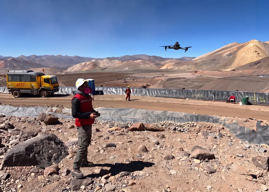 Operador con el mando y el dron en vuelo sobre un proyecto minero de altura.